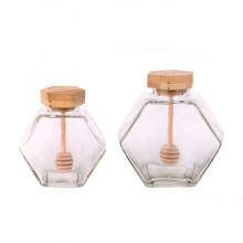 250ml hexagon glass honey pot jar with wooden dipper and cork lid for home kitchen